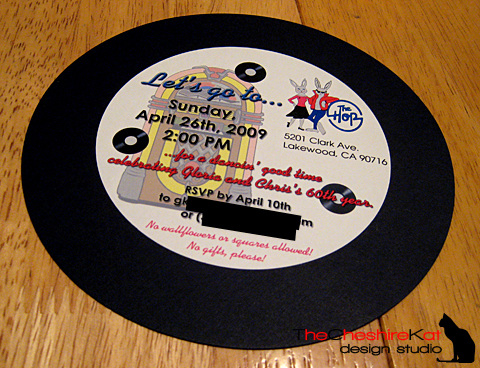 The back of the mock vinyl record invitation, with more information and some cutesy clip-art graphics.