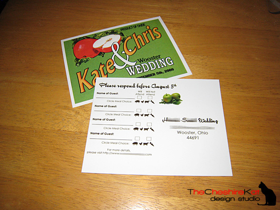 The RSVP postcard with space for personalization and meal icons.  The white space left on this card is required by the postal service so they can add their labels and marks to it.  