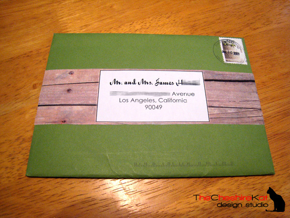 The mailing address label and apple green envelope.  These labels were sent to Kate and Chris as full sheets of wood-grained stickers with blank areas for the addresses, and I sent them a template so they could print and cut them themselves.  The barn wood pattern is the same one that appears on the outside of the gatefold.