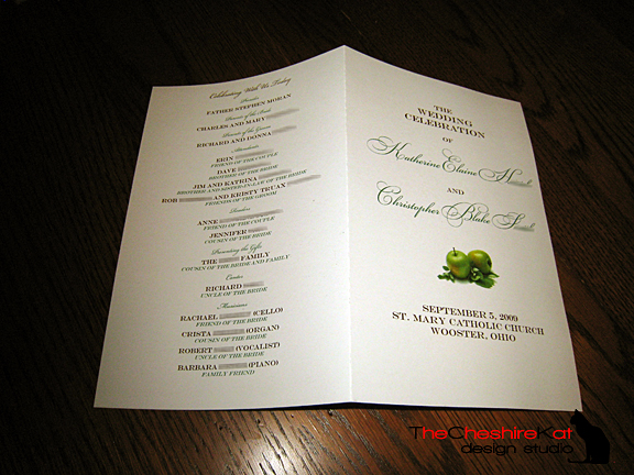 This is the front and back of the program. We listed the names of all involved separately from the ceremony text as per the priest's instructions. 