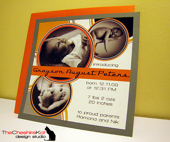      The announcement is a 5.5" square; it's mounted onto a gorgeous matte gray cardstock and paired with an orange square envelope.